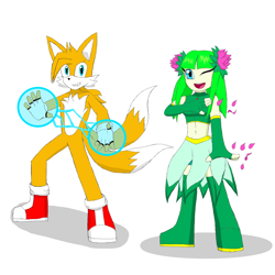 Size: 5000x5000 | Tagged: safe, artist:my-name-is-wolfiex73, cosmo the seedrian, miles "tails" prower, fox, seedrian, 2024, aged up, alternate universe, duo, female, looking at viewer, male, open mouth, open smile, pose, redesign, shipping, simple background, smile, smiling at viewer, standing, straight, tailsmo, white background, wink