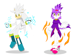 Size: 8000x6000 | Tagged: safe, artist:my-name-is-wolfiex73, blaze the cat, silver the hedgehog, cat, hedgehog, 2024, aged up, alternate universe, blaze x silver, duo, female, flame, looking at viewer, male, mid-air, pose, psychokinesis, redesign, shipping, simple background, smile, standing, straight, white background