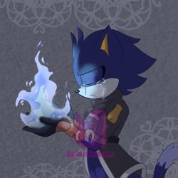 Size: 1080x1080 | Tagged: safe, artist:sirinadream, oc, oc:blue the cat (sirinadream), cat, 2026, abstract background, artist name, clothes, coat, crying, english text, eyes closed, fankid, flame, fully clothed, male, pants, parent:blaze, parent:silver, parents:silvaze, pose, solo, standing, tears, watermark