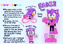 Size: 2290x1600 | Tagged: safe, artist:aylaandally, oc, oc:sadie acorn (aylaandally), hedgehog, 2026, artist name, child, clothes, drawing, english text, fankid, female, fully clothed, heart, holding something, open mouth, open smile, paper, parent:sally, parent:sonic, parents:sonally, reference sheet, running, smile, smiling at viewer, solo, standing, teenager, waving
