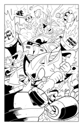 Size: 825x1252 | Tagged: safe, artist:thomas_rsvd, e-123 omega, egg pawn, miles "tails" prower, rouge the bat, shadow the hedgehog, sonic the hedgehog, bat, hedgehog, badnik, chaos spear, comic, female, fight, greyscale, group, holding something, idw sonic the hedgehog, line art, male, monochrome, official artwork, robot, standing, team dark