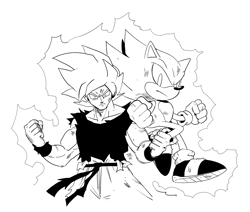 Size: 1639x1393 | Tagged: safe, artist:thomas_rsvd, sonic the hedgehog, super sonic, hedgehog, human, 2023, clenched fists, crossover, dragon ball, duo, greyscale, looking at viewer, male, monochrome, simple background, super form, white background