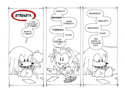 Size: 1562x1213 | Tagged: safe, artist:thomas_rsvd, amy rose, knuckles the echidna, echidna, hedgehog, card, classic amy, classic knuckles, classic sonic (universe), comic, duo, english text, female, greyscale, holding something, male, monochrome, mouth open, simple background, sitting, sketch, smile, speech bubble, tarot, tarot card, white background
