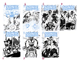 Size: 1102x873 | Tagged: safe, artist:thomas_rsvd, metal sonic, miles "tails" prower, sonic the hedgehog, surge the tenrec, tenrec, female, greyscale, group, idw sonic the hedgehog, male, monochrome, official artwork, simple background, sketch, white background
