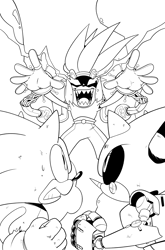 Size: 1444x2192 | Tagged: safe, artist:thomas_rsvd, metal sonic, sonic the hedgehog, surge the tenrec, tenrec, clenched fist, female, greyscale, idw sonic the hedgehog, line art, male, monochrome, mouth open, official artwork, robot, sharp teeth, simple background, smile, trio, white background