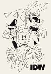 Size: 746x1080 | Tagged: safe, artist:thomas_rsvd, metal sonic, sonic the hedgehog, surge the tenrec, tenrec, 2023, female, greyscale, idw sonic the hedgehog, looking at each other, looking at them, male, monochrome, robot, simple background, sketch, trio, white background