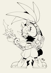 Size: 699x992 | Tagged: safe, artist:thomas_rsvd, surge the tenrec, tenrec, 2023, female, greyscale, grin, idw sonic the hedgehog, looking at viewer, monochrome, ring (jewelry), simple background, sketch, smile, solo, standing, white background