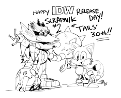 Size: 1045x847 | Tagged: safe, artist:thomas_rsvd, mecha knuckles, miles "tails" prower, fox, 2022, duo, english text, greyscale, idw sonic the hedgehog, looking at viewer, male, monochrome, mouth open, robot, scrapnik island, simple background, sketch, smile, standing, white background