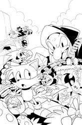 Size: 619x939 | Tagged: safe, artist:thomas_rsvd, flicky, miles "tails" prower, sonic the hedgehog, bird, 2022, classic sonic, classic sonic (universe), classic tails, flower, greyscale, group, holding something, idw sonic the hedgehog, line art, literal animal, monochrome, mouth open, official artwork, witchcart