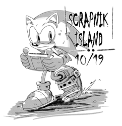 Size: 793x819 | Tagged: safe, artist:thomas_rsvd, sonic the hedgehog, 2022, english text, greyscale, holding something, idw sonic the hedgehog, miles electric, monochrome, scrapnik island, simple background, solo, standing, walking, white background