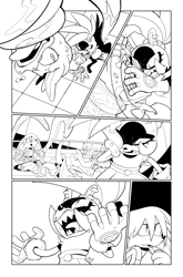 Size: 619x939 | Tagged: safe, artist:thomas_rsvd, dr. starline, kit the fennec, surge the tenrec, tenrec, comic, female, fennec, greyscale, idw sonic the hedgehog, line art, looking at them, male, monochrome, mouth open, official artwork, platypus, standing, trio