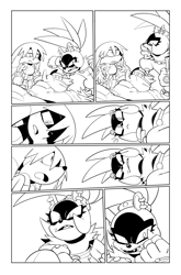 Size: 619x939 | Tagged: safe, artist:thomas_rsvd, dr. starline, kit the fennec, surge the tenrec, tenrec, 2022, comic, female, fennec, greyscale, idw sonic the hedgehog, line art, looking at them, male, monochrome, official artwork, platypus, standing, trio