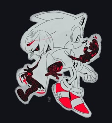 Size: 1573x1726 | Tagged: safe, artist:thomas_rsvd, sage, sonic the hedgehog, hedgehog, sonic frontiers, 2022, black background, cyber corruption, duo, female, frown, male, monochrome, simple background