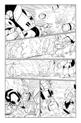 Size: 1238x1879 | Tagged: safe, artist:thomas_rsvd, e-123 omega, gemerl, 2022, comic, duo, fight, greyscale, idw sonic the hedgehog, looking at each other, looking at them, monochrome, official artwork, outdoors, robot, tree