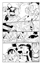 Size: 1238x1879 | Tagged: safe, artist:thomas_rsvd, e-123 omega, gemerl, 2022, comic, duo, fight, grass, greyscale, idw sonic the hedgehog, looking at each other, looking at them, monochrome, official artwork, outdoors, robot