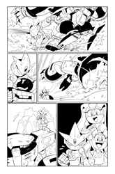 Size: 1238x1879 | Tagged: safe, artist:thomas_rsvd, cream the rabbit, e-123 omega, gemerl, vanilla the rabbit, rabbit, 2022, comic, family, female, fight, greyscale, group, idw sonic the hedgehog, monochrome, mouth open, official artwork, outdoors, robot, smile, standing, tree
