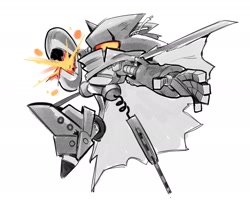 Size: 1949x1661 | Tagged: safe, artist:thomas_rsvd, mecha sonic, sonic the hedgehog, 2022, greyscale, idw sonic the hedgehog, looking at viewer, monochrome, robot, scrapnik island, simple background, solo, spot color, white background