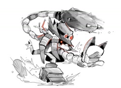 Size: 2002x1464 | Tagged: safe, artist:thomas_rsvd, knuckles the echidna, mecha knuckles, 2022, greyscale, idw sonic the hedgehog, looking at viewer, monochrome, robot, scrapnik island, simple background, solo, standing, white background