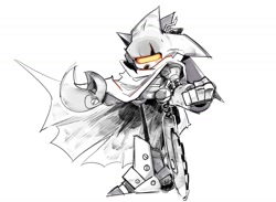 Size: 2002x1464 | Tagged: safe, artist:thomas_rsvd, mecha sonic, 2022, greyscale, idw sonic the hedgehog, monochrome, robot, scrapnik island, simple background, solo, spot color, standing, white background