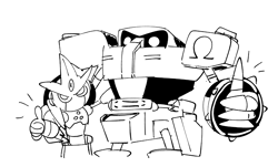 Size: 1295x784 | Tagged: safe, artist:thomas_rsvd, e-123 omega, gemerl, 2022, duo, greyscale, hand on another's shoulder, looking at viewer, monochrome, robot, simple background, standing, thumbs up, white background