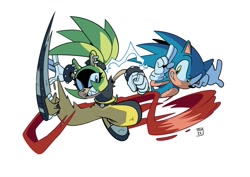 Size: 1573x1116 | Tagged: safe, artist:thomas_rsvd, sonic the hedgehog, surge the tenrec, hedgehog, tenrec, 2022, clenched fist, duo, electricity, female, grin, looking at each other, looking at them, male, ring (jewelry), running, sharp teeth, simple background, smile, white background