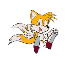 Size: 1064x851 | Tagged: safe, artist:thomas_rsvd, miles "tails" prower, fox, 2022, classic sonic (universe), classic tails, looking at viewer, male, mouth open, simple background, smile, solo, v sign, white background