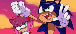 Size: 1880x832 | Tagged: safe, artist:thomas_rsvd, amy rose, sonic the hedgehog, 31 days sonic, 2022, duo, lidded eyes, looking at them, mouth open, smile