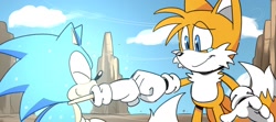 Size: 1880x832 | Tagged: safe, artist:thomas_rsvd, miles "tails" prower, sonic the hedgehog, 31 days sonic, sonic forces, 2022, classic sonic, classic sonic (universe), daytime, duo, eyes closed, fistbump, looking at them, outdoors, redraw, sad, scene interpretation, smile, standing, tears, tears of sadness
