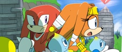 Size: 2486x1073 | Tagged: safe, artist:thomas_rsvd, knuckles the echidna, tikal, chao, echidna, 31 days sonic, sonic adventure, 2022, daytime, female, frown, group, looking at them, male, mouth open, neutral chao, outdoors