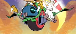 Size: 2258x1023 | Tagged: safe, artist:thomas_rsvd, sonic the hedgehog, super sonic, hedgehog, 31 days sonic, 2022, badnik, duo, flying, male, motobug, robot, super form