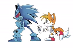 Size: 2050x1352 | Tagged: safe, artist:thomas_rsvd, miles "tails" prower, sonic the hedgehog, fox, hedgehog, 31 days sonic, 2022, alternate universe, clenched fist, clenched teeth, duo, idw sonic the hedgehog, looking at them, male, metal virus, simple background, standing, sweat, white background, zombot