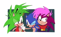 Size: 2288x1394 | Tagged: safe, artist:thomas_rsvd, sonia the hedgehog, sonic the hedgehog, hedgehog, 31 days sonic, sonic underground, 2022, brother and sister, brothers, dic, female, hand on another's shoulder, looking at each other, looking at them, male, manic the hedgehog, mouth open, siblings, simple background, smile, trio, white background, wink