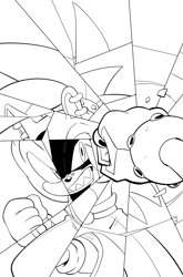 Size: 2063x3131 | Tagged: safe, artist:thomas_rsvd, sonic the hedgehog, surge the tenrec, hedgehog, tenrec, 2022, broken glass, clenched fist, clenched teeth, duo, female, greyscale, idw sonic the hedgehog, line art, male, monochrome, official artwork, punching, sharp teeth, simple background, white background