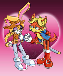 Size: 900x1080 | Tagged: safe, artist:bellseashell, antoine d'coolette, bunnie rabbot, coyote, rabbit, 2024, buntoine, cowboy hat, duo, female, hand behind back, hat, heart, heart background, jacket, looking at each other, male, shipping, smile, smiling at each other, standing, straight, sword, watermark, weapon