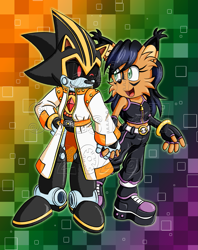 Size: 1185x1500 | Tagged: safe, artist:bellseashell, nicole the hololynx, shard the metal, lynx, 2026, abstract background, alternate outfit, clothes, duo, female, holding hands, hololynx, looking at each other, male, nicole x shard, open mouth, open smile, robot, shipping, smile, smiling at each other, standing, straight, watermark, wink, winking at them