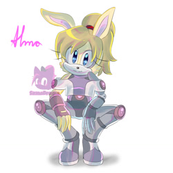 Size: 1280x1280 | Tagged: safe, artist:sirinadream, oc, oc:alma d' coolette (sirinadream), rabbit, 2026, cybernetic, cyborg, female, looking at viewer, parent:antoine, parent:bunnie, parents:buntoine, ponytail, pose, simple background, smile, smiling at viewer, solo, squatting, watermark, white background