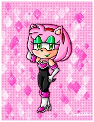 Size: 500x650 | Tagged: safe, artist:goddessprincesslulu, amy rose, hedgehog, blushing, clothes, female, outfit swap, rouge's heart top