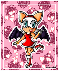 Size: 500x600 | Tagged: safe, artist:goddessprincesslulu, rouge the bat, bat, abstract background, amy's halterneck dress, clothes, dress, female, heart, mouth open, open smile, outfit swap, outline, smile, solo, standing on one leg, v sign, white outline