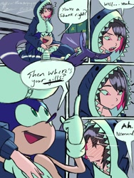 Size: 1536x2048 | Tagged: suggestive, artist:superguy551, sonic the hedgehog, blushing, breasts, comic, crossover, crossover shipping, duo, ellen joe, english text, eyes closed, humanoid, looking at them, mouth open, shipping, sitting, smile, speech bubble, straight, zenless zone zero