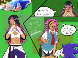 Size: 2000x1500 | Tagged: safe, artist:superguy551, sonic the hedgehog, human, 2026, comic, crossover shipping, duo, english text, female, hands on own face, looking at them, male, mouth open, question mark, shipping, smile, speech bubble, straight, street fighter, thought bubble, yasmine (street fighter)