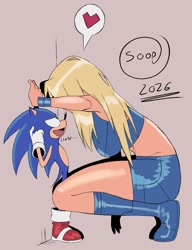 Size: 1149x1500 | Tagged: safe, artist:superguy551, sonic the hedgehog, human, 2026, against wall, commission, crossover, crossover shipping, crouching, duo, english text, female, grey background, heart, looking at each other, looking at them, male, metroid, mouth open, samus aran, simple background, smile, standing, straight