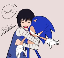 Size: 1662x1500 | Tagged: safe, artist:superguy551, sonic the hedgehog, human, character request, commission, cross popping vein, crossover, duo, eyes closed, female, grey background, hugging, hugging from behind, lidded eyes, male, mouth open, simple background, smile