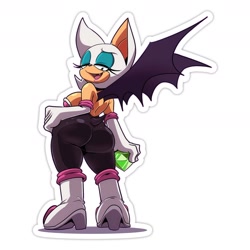 Size: 1800x1800 | Tagged: safe, artist:corythec, artist:corythec_art, rouge the bat, bat, butt, chaos emerald, female, looking at viewer, looking back, sticker, white background