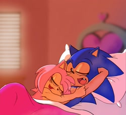 Size: 2000x1828 | Tagged: suggestive, artist:gaeruarts, amy rose, sonic the hedgehog, amy x sonic, bed, bedroom, blushing, female, male, shipping, sleeping