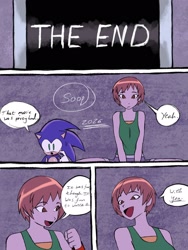 Size: 1536x2048 | Tagged: safe, artist:superguy551, sonic the hedgehog, human, comic:sonic doesn't have a phone, 2026, chie satonaka, comic, crossover, crossover shipping, duo, english text, female, male, mouth open, persona (series), shipping, sitting, smile, speech bubble, straight