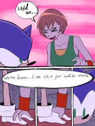 Size: 1536x2048 | Tagged: safe, artist:superguy551, sonic the hedgehog, human, comic:sonic doesn't have a phone, 2026, chie satonaka, comic, crossover, crossover shipping, duo, english text, eyes closed, female, holding hands, male, mouth open, persona (series), smile, speech bubble, straight