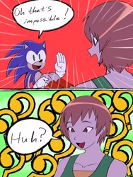 Size: 1536x2048 | Tagged: safe, artist:superguy551, sonic the hedgehog, human, comic:sonic doesn't have a phone, 2026, chie satonaka, comic, crossover, crossover shipping, duo, english text, holding hands, looking at each other, looking at them, mouth open, persona (series), question mark, shipping, smile, speech bubble, straight