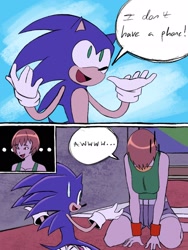 Size: 1536x2048 | Tagged: safe, artist:superguy551, sonic the hedgehog, comic:sonic doesn't have a phone, ..., 2026, chie satonaka, comic, crossover, crossover shipping, duo, english text, indoors, kneeling, looking at them, mouth open, persona (series), shipping, smile, speech bubble, straight, sweat