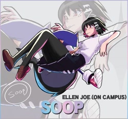 Size: 1111x1036 | Tagged: safe, artist:soop215, sonic the hedgehog, 2026, blushing, carrying them, crossover, crossover shipping, duo, echo background, ellen joe, english text, eye clipping through hair, eyebrow clipping through hair, humanoid, needs more jpeg, running, shipping, smile, straight, text, zenless zone zero