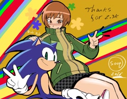 Size: 2048x1603 | Tagged: safe, artist:superguy551, sonic the hedgehog, human, 2026, abstract background, blushing, chie satonaka, crossover, crossover shipping, duo, female, hand on another's head, headpats, looking at viewer, male, persona (series), shipping, sitting, smile, smiling at viewer, straight, tongue out, v sign